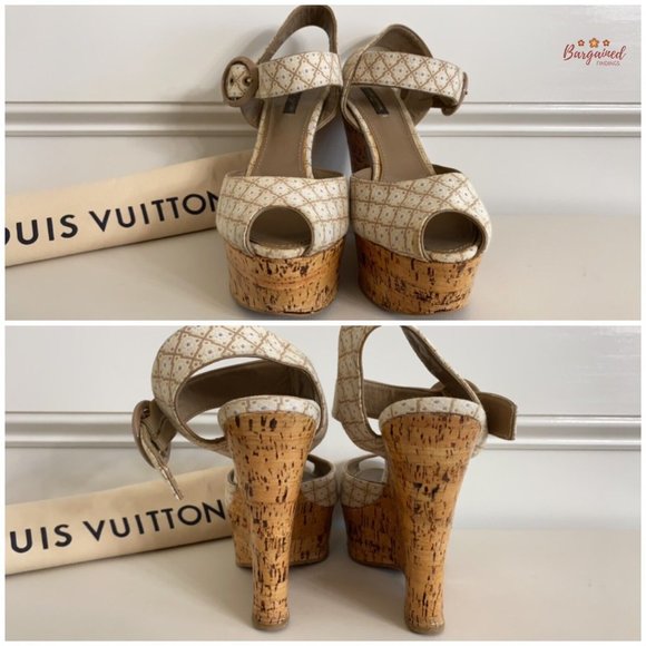 Authentic Louis Vuitton Cream Beige Printed Wedge Cork Platform Sandals 39.5/9.5 - Picture 6 of 14